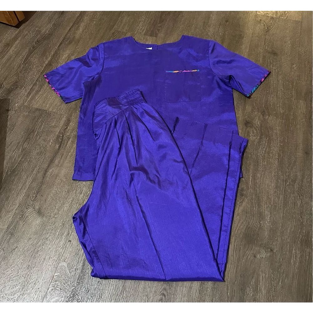 Vtg 80s Joan Walters USA Womens Silky Feel Purple High Waisted Outfit Set Size S
